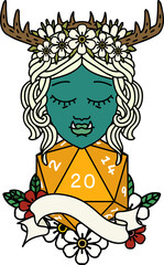 half orc druid character with natural 20 dice roll illustration