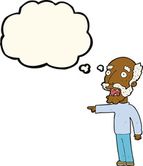 cartoon scared old man pointing with thought bubble