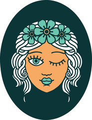 tattoo style icon of a maiden with crown of flowers winking