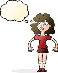 cartoon pretty girl with shocked expression with thought bubble