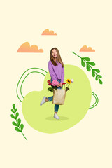 Vertical collage eco friendly teen girl walk street enjoy spring bloom carry paper bag flowers warm season day painting background