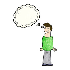 cartoon man shrugging shoulders with thought bubble