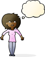 cartoon woman shrugging shoulders with thought bubble