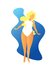 Original vector illustration. Body positive girl in a white swimsuit. A design element.