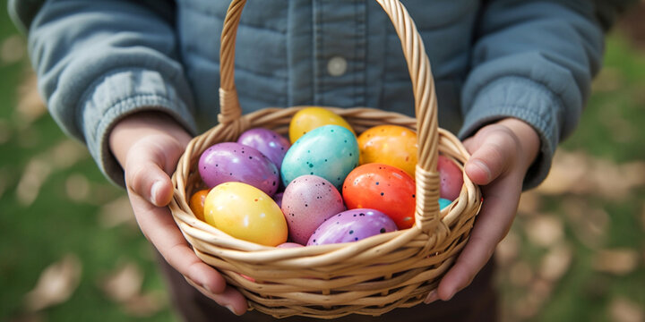 kleines Kind h&auml;lt einen Osterkorb mit bunten Eiern in den H&auml;nden, generative AI