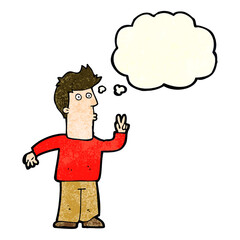 Fototapeta premium cartoon man giving peace sign with thought bubble
