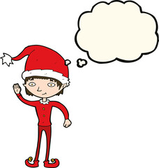 cartoon waving christmas elf with thought bubble