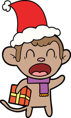 shouting line drawing of a monkey carrying christmas gift wearing santa hat