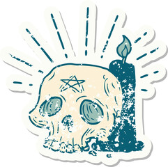 grunge sticker of tattoo style spooky skull and candle