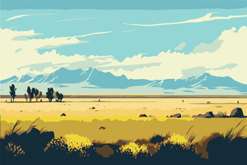 Steppe. Eco landscape. A plain overgrown with grassy vegetation. Steppe landscape illustration.