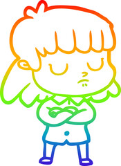 rainbow gradient line drawing cartoon indifferent woman folding arms