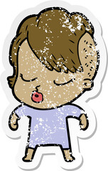 distressed sticker of a cartoon pretty hipster girl