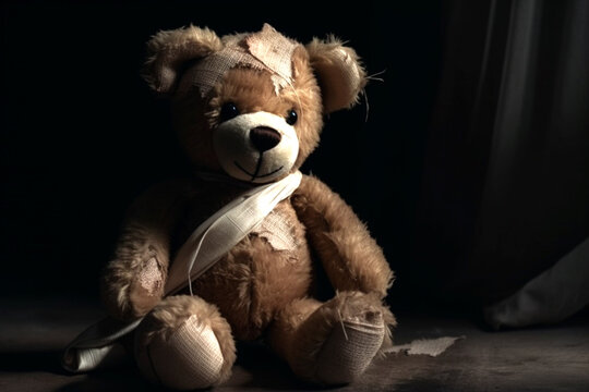 Teddybär mit Pflastern und Verband, generative AI