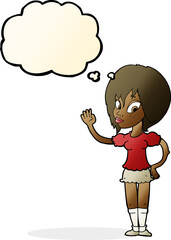 cartoon pretty woman waving with thought bubble