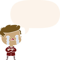 cartoon man crying and speech bubble in retro style