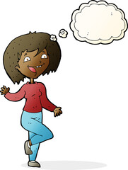cartoon laughing woman with thought bubble
