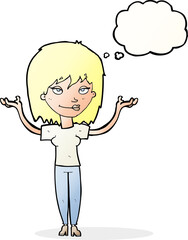 cartoon woman shrugging with thought bubble