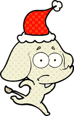 comic book style illustration of a unsure elephant running away wearing santa hat