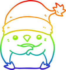 rainbow gradient line drawing cute cartoon penguin wearing christmas hat