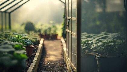Greenhouse with greenery plants. Agricultural banner with copy space. AI generative image.
