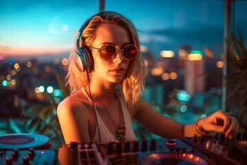 Stylish young DJ woman enjoying rooftop party in vibrant neon-lit cityscape, wearing headphones and colorful sunglasses - Generative AI - obrazy, fototapety, plakaty