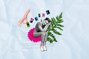 Fantasy image picture artwork collage of cheerful pretty girlfriend sitting pink gerbera enjoy favorite season white drawing background