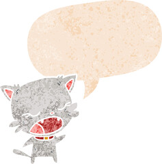 cartoon cat talking and speech bubble in retro textured style
