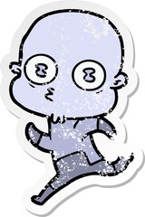 distressed sticker of a cartoon weird bald spaceman