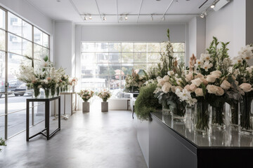 Flower shop interior. Modern Floral Boutique. Elegantly Arranged Bouquets and Minimalist Design. Generative AI