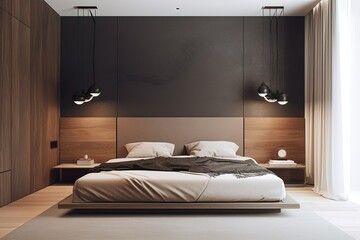 Modern minimalist bedroom interior created with Generative AI technology.