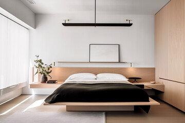 Modern minimalist bedroom interior created with Generative AI technology.