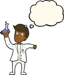 cartoon happy scientist with thought bubble