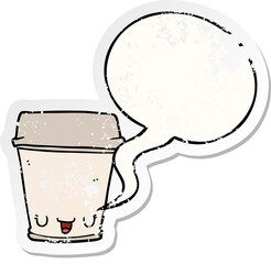 cartoon coffee cup and speech bubble distressed sticker