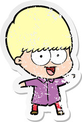 distressed sticker of a happy cartoon boy
