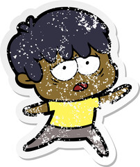 distressed sticker of a cartoon exhausted boy