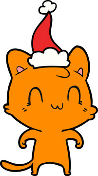 line drawing of a happy cat wearing santa hat