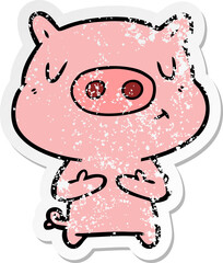 distressed sticker of a cartoon content pig
