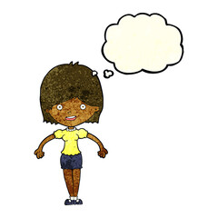 cartoon happy woman with thought bubble