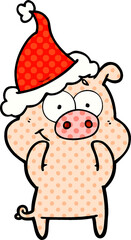 happy comic book style illustration of a pig wearing santa hat