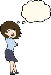 cartoon happy woman with thought bubble