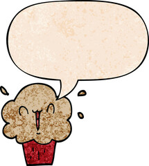 cartoon cupcake and speech bubble in retro texture style