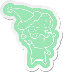 cartoon  sticker of a cool guy wearing santa hat