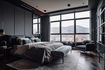 A Modern Oasis: Ultra-Glam Grey Bedroom Interior Design with Large Window. Generative AI
