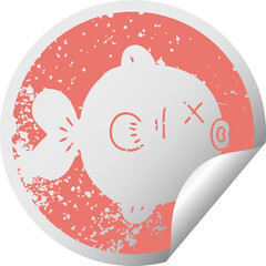 quirky distressed circular peeling sticker symbol fish