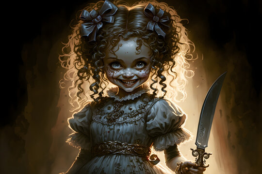 Scary horror doll girl in dress with creepy smile holding knife.