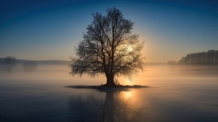 Fototapeta na wymiar Winter Wonderland: Mystical Tree in a Foggy Landscape, Generative AI