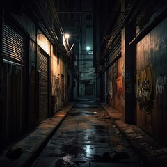 Stepping into the Ancient Cyberpunk Grungy Dirty Alleyway at Night: An Abandoned Dark Room of Urban Architecture. Generative AI