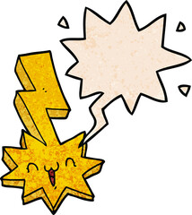 cartoon lightning bolt and speech bubble in retro texture style