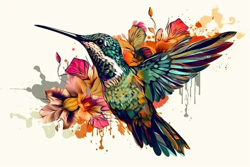 Watching the Hummingbird Feed on a Delicate Flower: A Nature Illustration: Generative AI