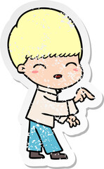 distressed sticker of a happy cartoon boy